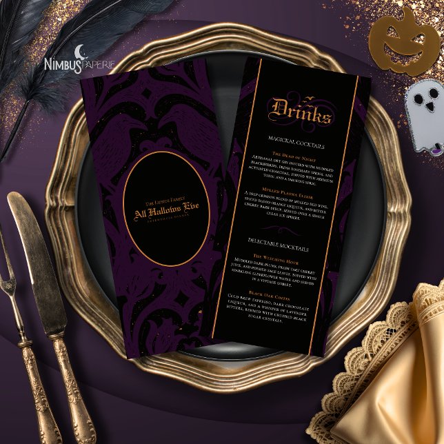 Menu Nevermore Damask | Bar gothique Halloween prune fo (Créateur téléchargé)