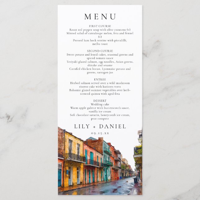 Menu New Orleans Watercolor Destination Wedding (Devant)
