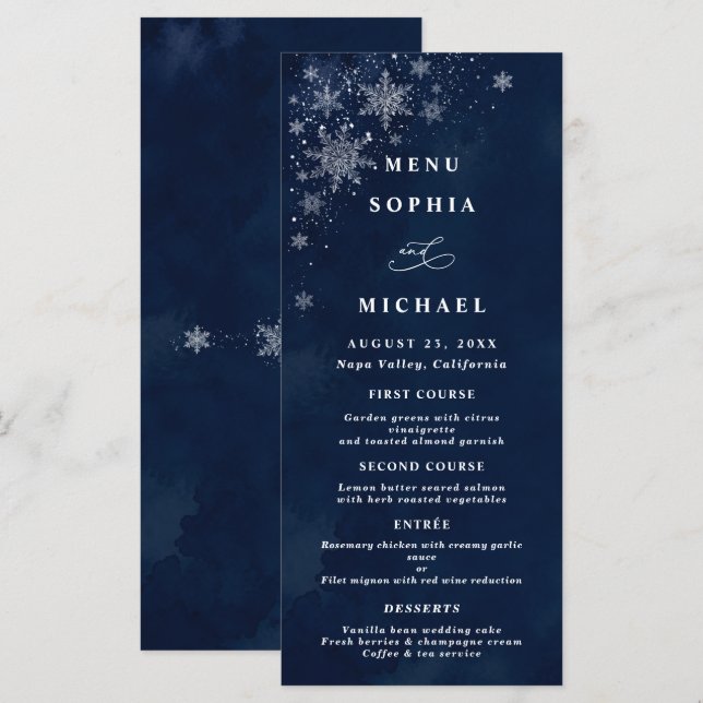 Menu Noces d'hiver Flocons de neige de minuit (Devant / Derrière)