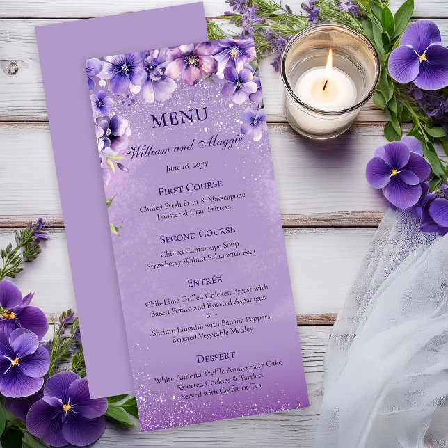Menu Noces et Anniversaire de Mariage aux Violettes Vio (Elegant lavender floral wedding | anniversary menu --soft watercolor blooms | romantic purple tones)