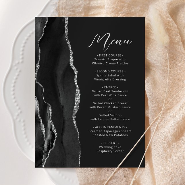 Menu Noces Moderne Écriture Sombre Agate Argentée (Créateur téléchargé)