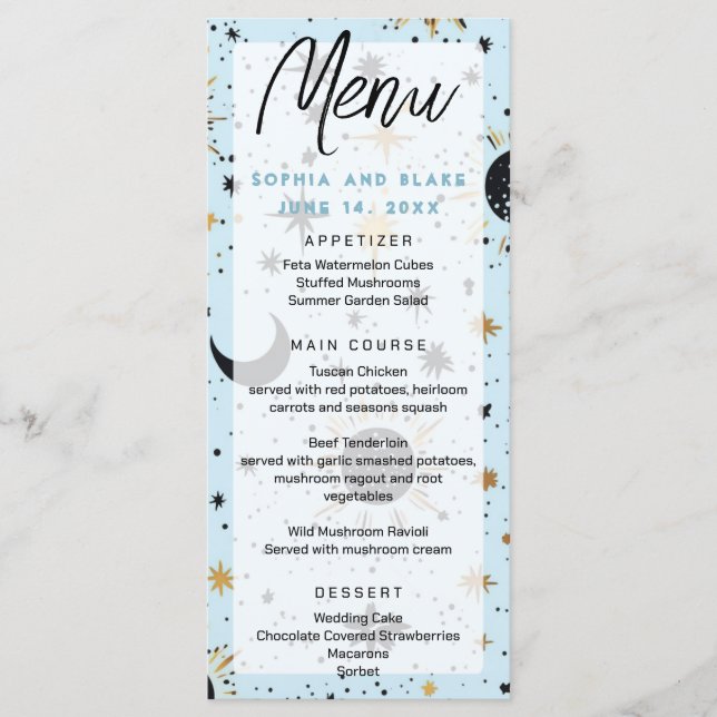 Menu Noces Or Noir Soleil Lune Étoiles Céleste Bleu (Devant)