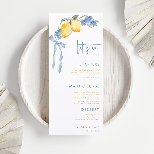 Menu Nœud Bleu Citron Jaune Italien Let's Eat Mariage (Créateur téléchargé)