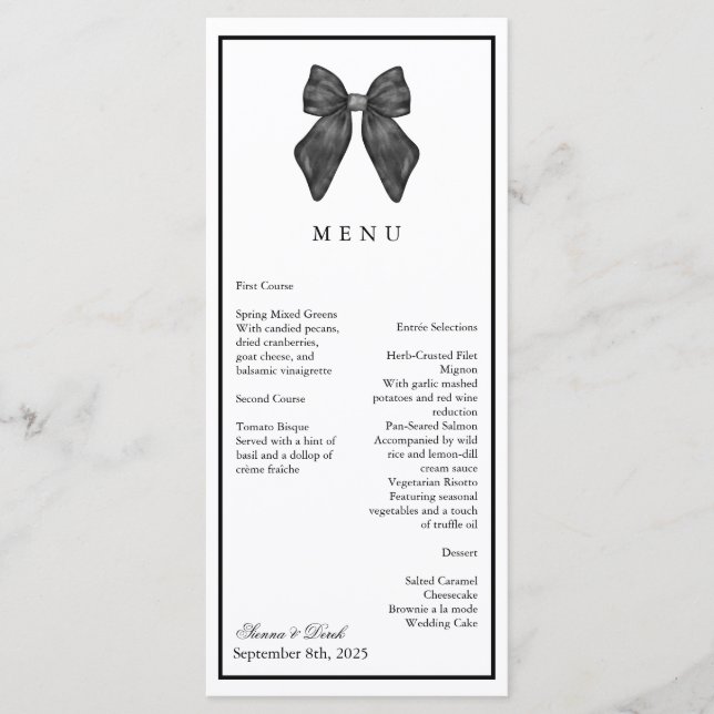 Menu Nœud Ruban Mariage Classique Noir & Blanc (Devant)