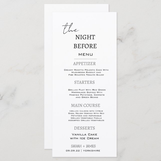 Menu Noir & Blanc Minimal La nuit avant le Mariage (Devant / Derrière)