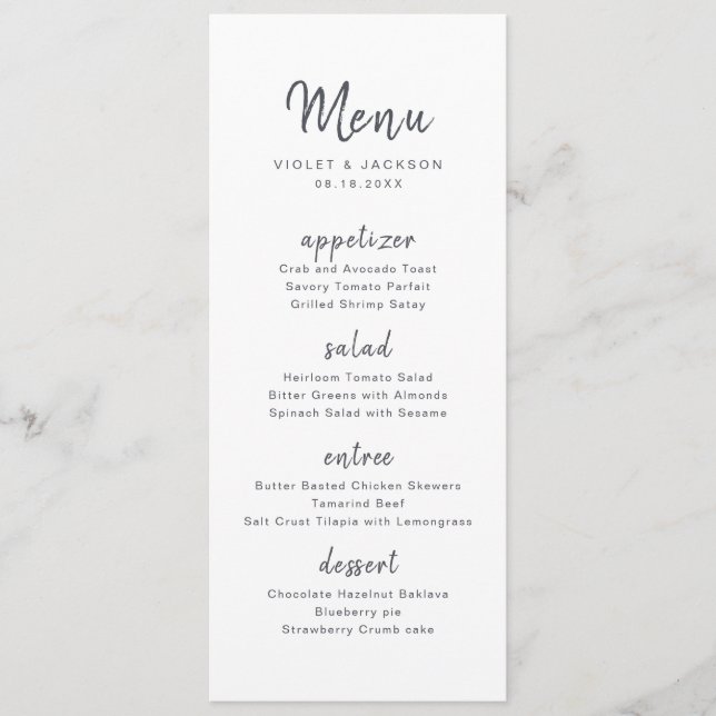 Menu Noir blanc minimaliste manuscrit mariage (Devant)