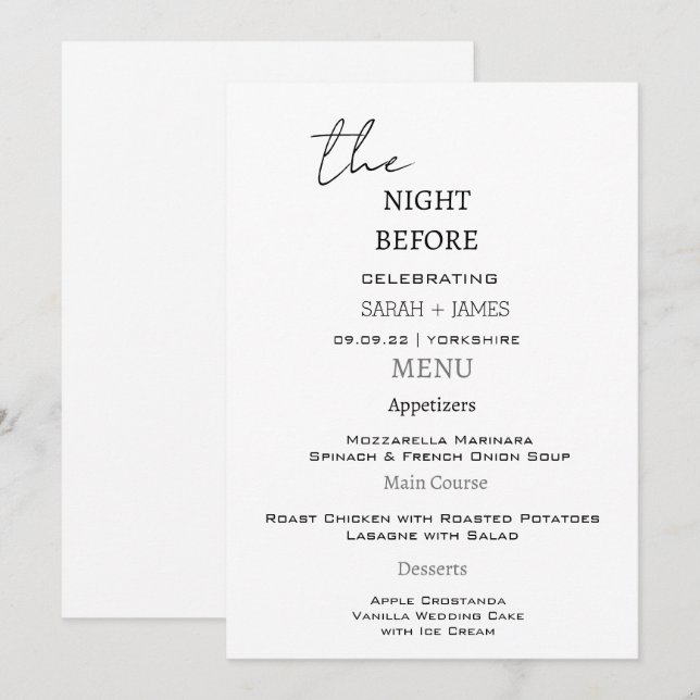 Menu Noir & Blanc moderne La nuit avant le Mariage (Devant / Derrière)