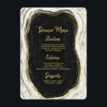 Menu Noir Blanc & Or Géode Agate Dîner en marbre<br><div class="desc">Marbre d'Agate de Black White & Gold, avec des accents de feuille d'or brillant, et police de script moderne tendance brossé. Onyx Black, Dark Grey et white stone look, est luxueux et moderne pour votre mariage - Dîner Mariage personnalisé Réception Table Décor Menus! ~ Regardez ma boutique pour voir l'ensemble...</div>
