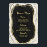 Menu Noir Blanc & Or Géode Agate Dîner en marbre<br><div class="desc">Marbre d'Agate de Black White & Gold, avec des accents de feuille d'or brillant, et police de script moderne tendance brossé. Onyx Black, Dark Grey et white stone look, est luxueux et moderne pour votre mariage - Dîner Mariage personnalisé Réception Table Décor Menus! ~ Regardez ma boutique pour voir l'ensemble...</div>