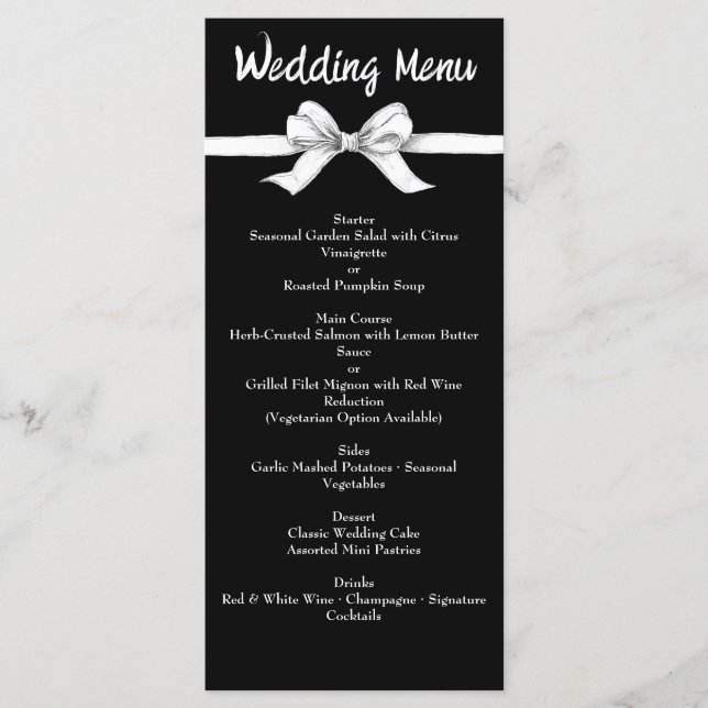 Menu Noir & Blanc Ruban | Élégant Mariage | Monochrome  (Devant)