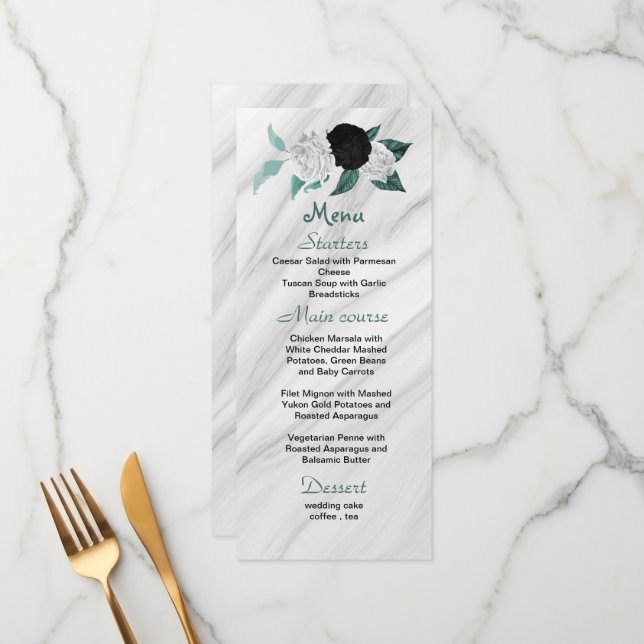 Menu noir blanc & turquoise bleu fleurs belle mariage (Devant/Arrière en situation)