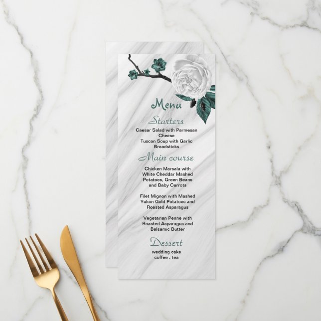 Menu noir blanc & turquoise bleu fleurs belle mariage (Devant/Arrière en situation)
