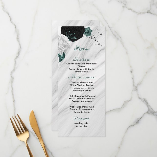 Menu noir blanc & turquoise bleu fleurs belle mariage (Devant/Arrière en situation)