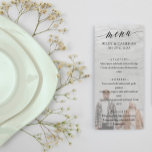 Menu Noir Delicate Calligraphie Élégant Mariage photo<br><div class="desc">Menu de mariage élégant avec un menu de lecture de script de calligraphie délicat et votre photo. Ajoutez vos noms, votre date de mariage et le menu mariage avec une photo de vous deux. Menu de mariage élégant personnalisé avec une photo romantique. menu mariage personnalisé avec vos noms et votre...</div>