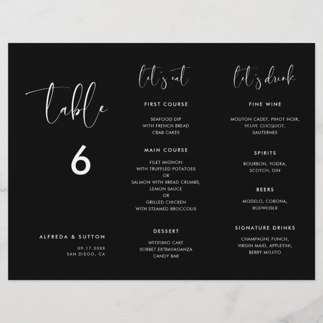 Menu noir élégant et moderne Numéro de table tripl (Devant)