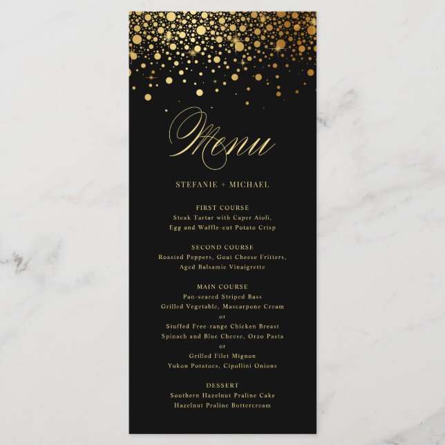 Menu Noir Elegant Faux Gold Foil Mariage Confetti (Devant)