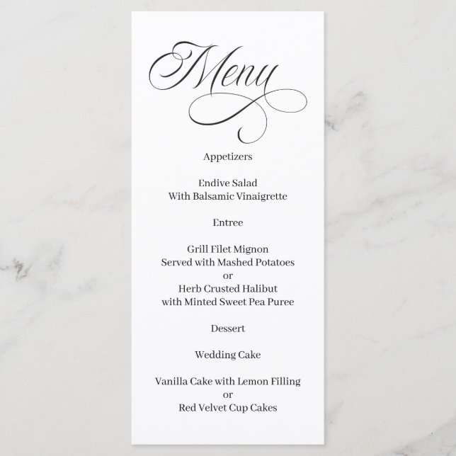 Menu noir et blanc calligraphié élégant (Devant)