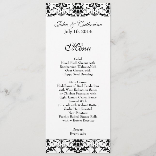 Menu noir et blanc chic de Tableau de mariage (Devant)