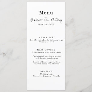 Menu Noir et blanc minimaliste avec un Mariage de coeur