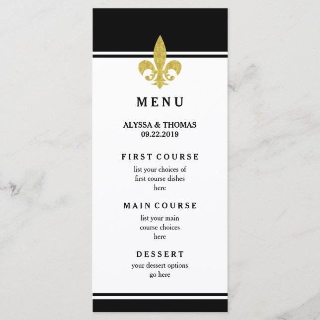 Menu noir et or élégant Fleur de Lis (Devant)