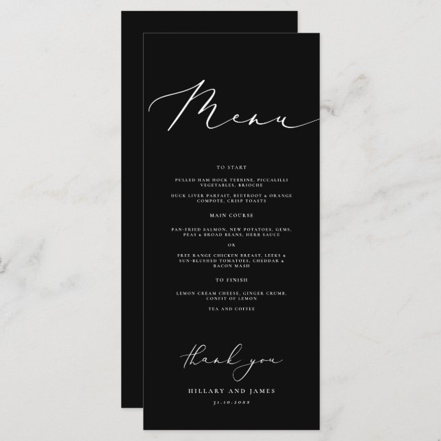 Menu Noir minimaliste calligraphie Mariage Dîner (Devant / Derrière)