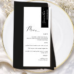 Menu Noir Personnalisé avec Nom de l'Invité Élégant<br><div class="desc">Pourquoi dépenser pour des cartons de placement et des menus lorsque vous pouvez avoir un menu élégant tout-en-un personnalisé avec le nom de chaque invité ! Design contemporain, simple et élégant avec une belle calligraphie manuscrite moderne. Une bande dans le coin supérieur droit en noir avec le nom de l'invité...</div>