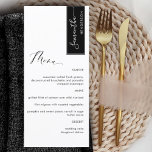 Menu Noir Personnalisé avec nom d'invité Élégant<br><div class="desc">Pourquoi passer à l'endroit cartes et cartes de menu quand vous pouvez avoir un élégant menu tout-en-un élégant personnalisé avec chaque nom d'invité! Contemporain, simple et élégant design avec belle calligraphie manuscrite moderne. Grattez sur le coin supérieur droit en noir avec le nom de l'invité en blanc. Retour dans le...</div>