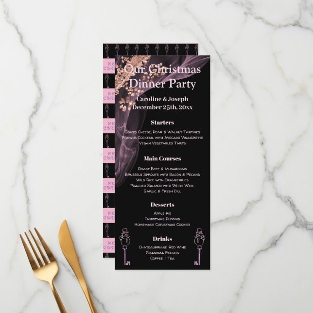 Menu Noir & Rose Gold Christmas avec Snowman (Devant/Arrière en situation)