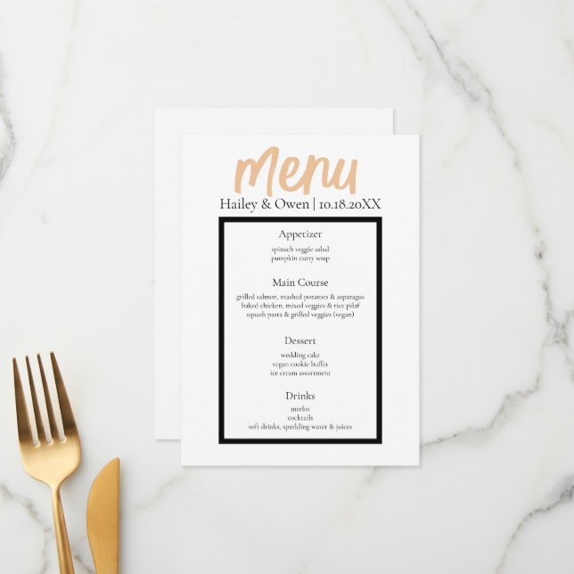Menu Nourriture de mariage personnalisée simple et élég (Devant/Arrière en situation)