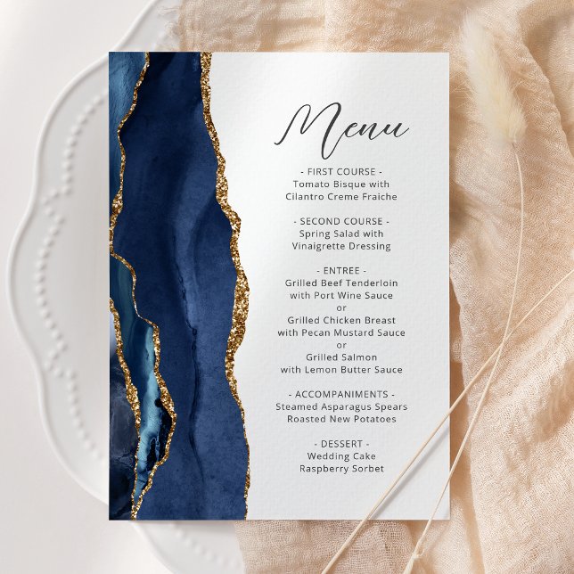 Menu Nuit Bleue Or Agate Moderne Écriture Mariage (Créateur téléchargé)