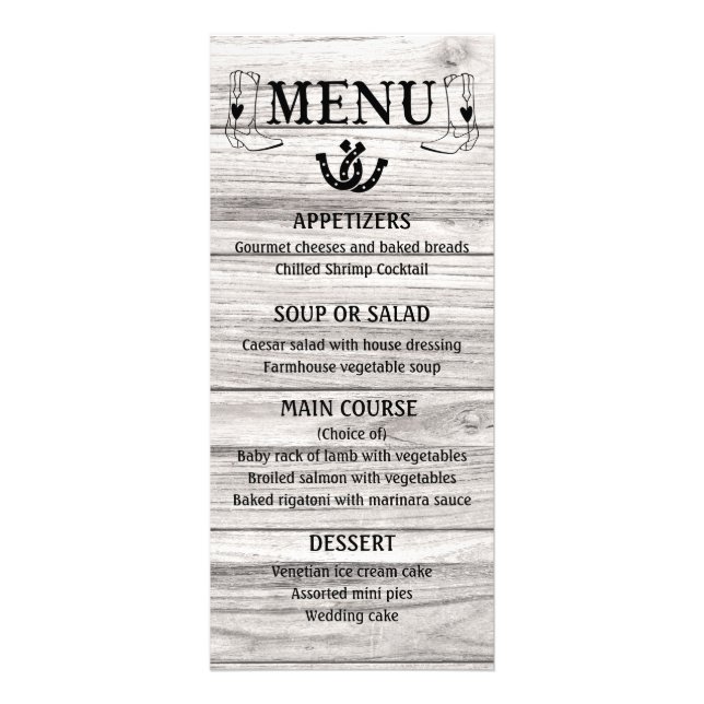 Menu Occidental Mariage campagnard Cowboy Boots Bo (Devant)