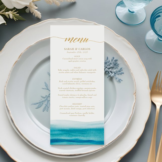 Menu Ocean Watercolor Beach Gold Script Wedding (Créateur téléchargé)