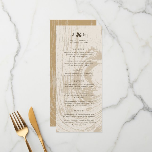Menu Ocre Rustique Bois Grain Simple Automne Mariage d' (Devant/Arrière en situation)