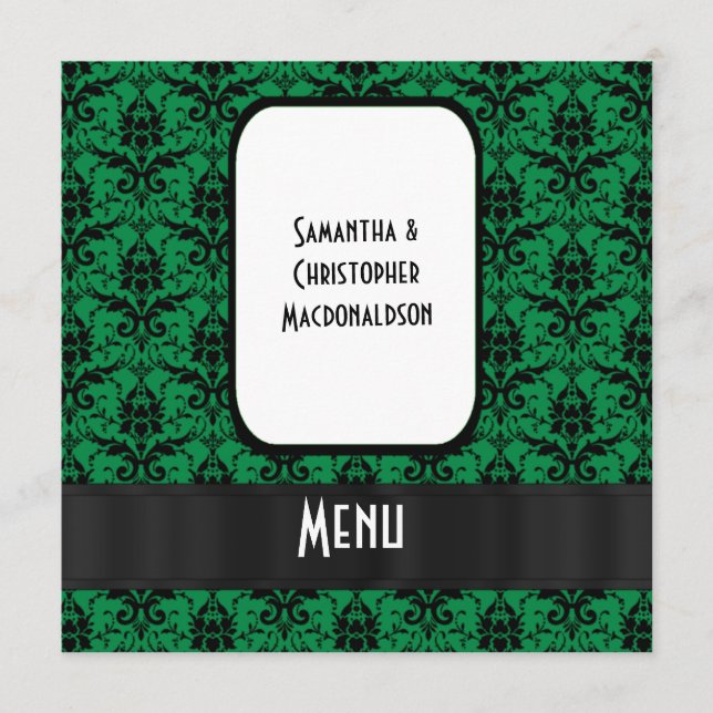 Menu officiel damassé noir et vert mariage (Devant)