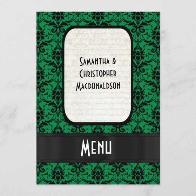 Menu officiel damassé noir et vert mariage (Devant)