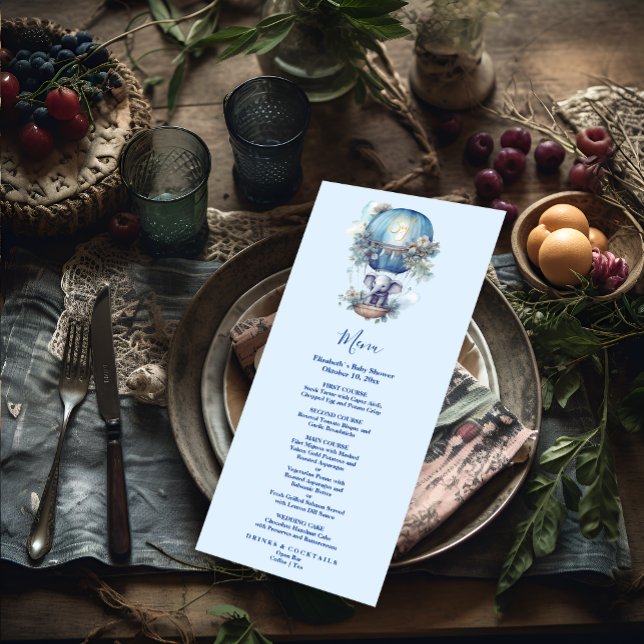 Menu Oh garçon bleu aquarelle baby shower d'éléphant (Créateur téléchargé)