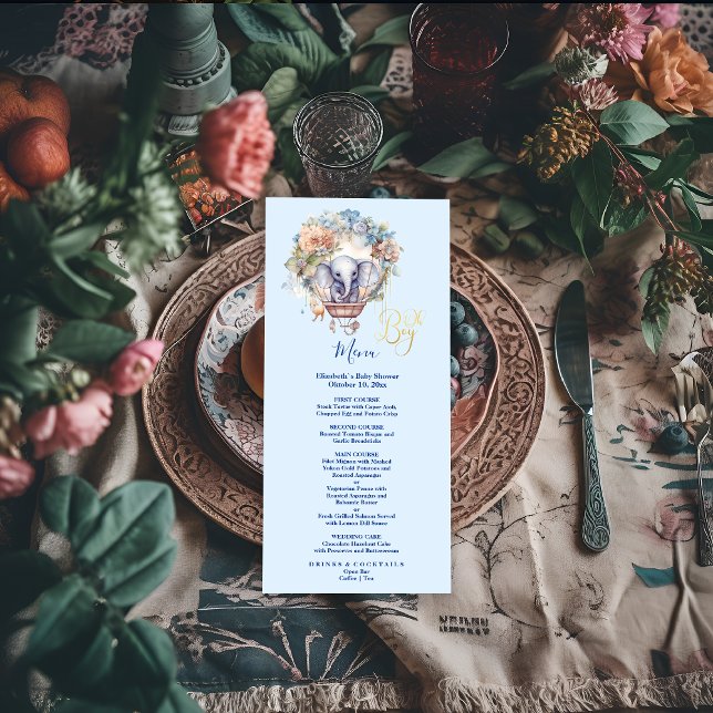 Menu Oh garçon bleu aquarelle baby shower d'éléphant (Créateur téléchargé)