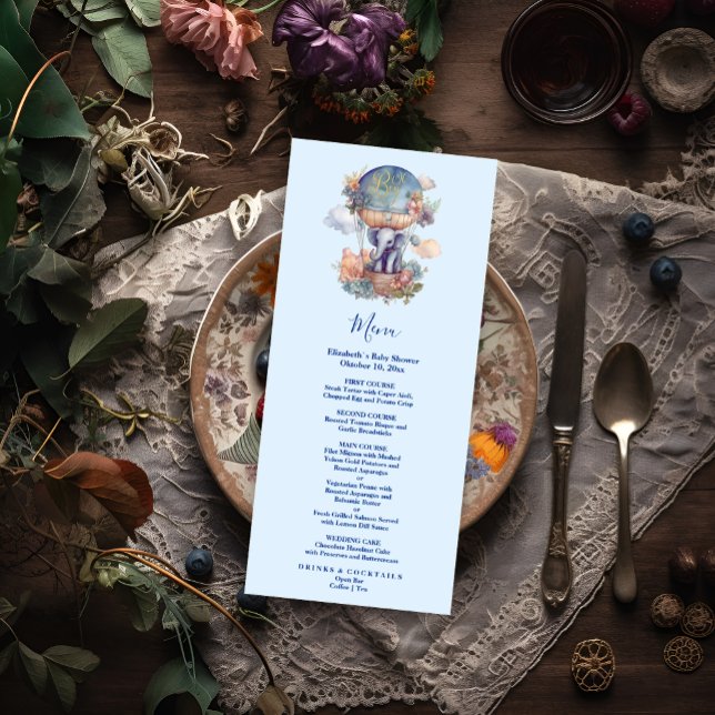 Menu Oh garçon bleu aquarelle baby shower d'éléphant (Créateur téléchargé)