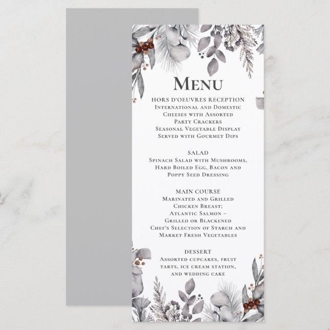 Menu Oiseau argent, gris, brun rouille Botanique d'hive (Devant / Derrière)