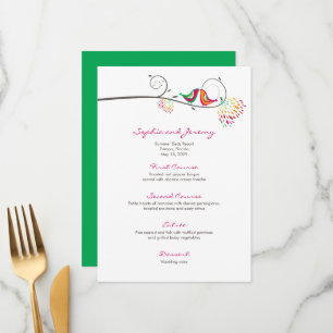 Menu Oiseaux colorés fantaisistes s'embrassant Mariage 
