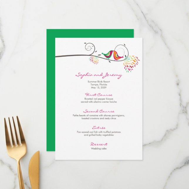 Menu Oiseaux colorés fantaisistes s'embrassant Mariage  (Devant/Arrière en situation)
