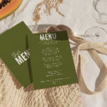 Menu Olive Green Classy Bright Whimsical Mariage<br><div class="desc">Un menu de dîner mariage moderne et coloré rétro et moderne. Il présente un design modèle chic de boho vintage vert olive arrière - plan et typographie blanche et menu audacieux en blanc. Parfait et assorti à toute la suite.</div>