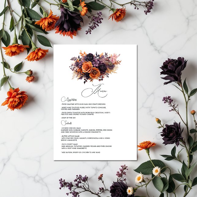 Menu Orange brûlé, violet foncé et Mariage floral noir (Burnt Orange, Dark Purple and Black Floral Wedding Menu)