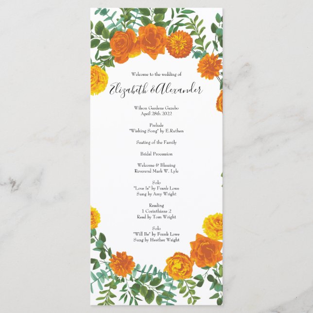 Menu Orange Rose Mariage Floral Moderne (Devant)