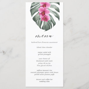 Menu Orchidées roses chaudes sur Monstera Mariage tropi