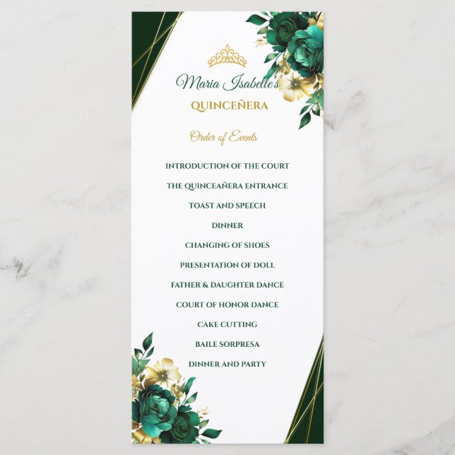 Menu Ordre des événements de Quinceñera vert émeraude e (Devant)
