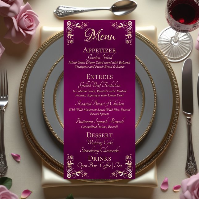 Menu Ornate Border & Heart Monogram - Plum (Créateur téléchargé)