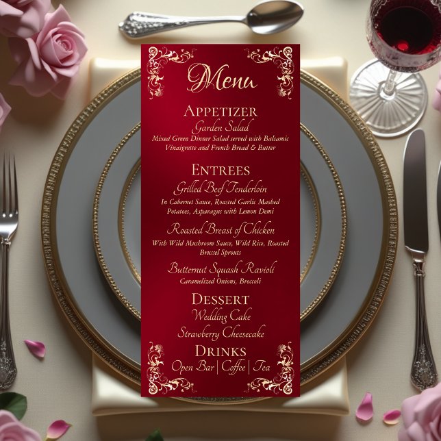 Menu Ornate Border & Heart Monogram - Red (Créateur téléchargé)