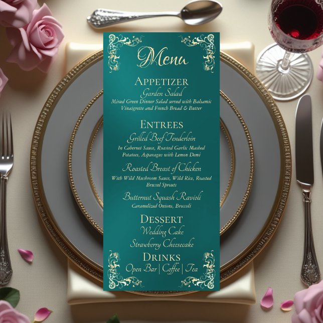 Menu Ornate Border & Heart Monogram - Teal (Créateur téléchargé)