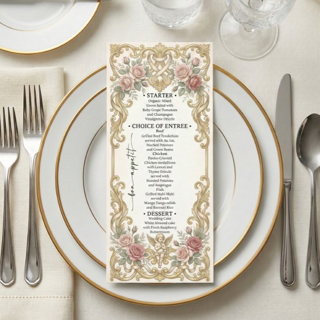 Menu Orné Faux Or & Rose Poussiéreux Floral Rococo (Créateur téléchargé)
